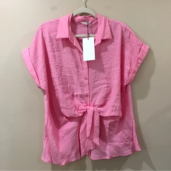 Zara Shirt Top Knotted Short Sleeve Pink Collared Basic Women L 3522/535 New - Picture 3 of 8